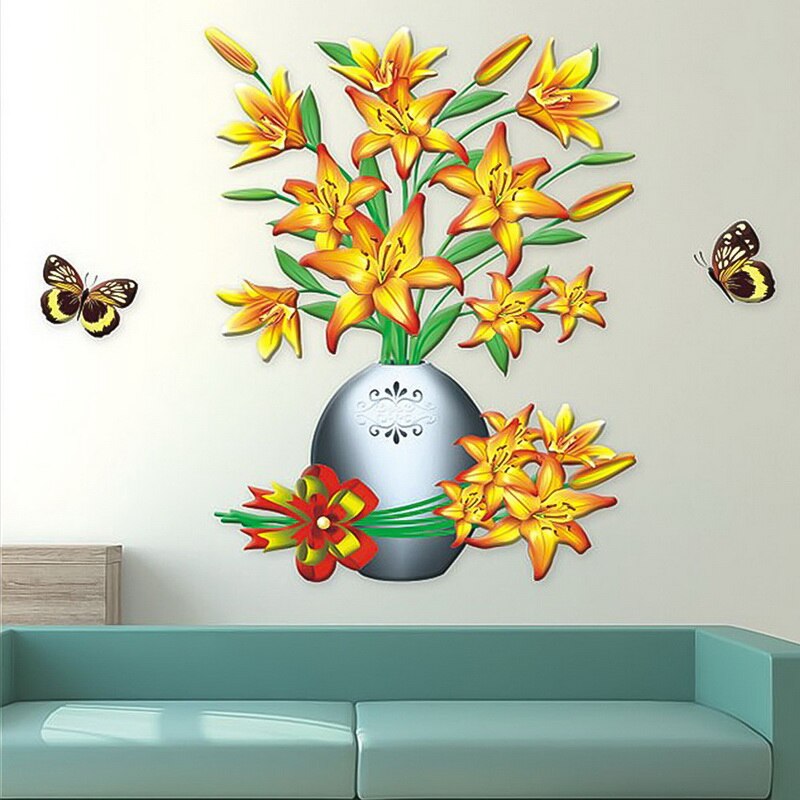 New3D Magnolia Bloem Vaas Sticker Thuis Slaapkamer Woonkamer Sofa Wanddecoratie Pvc Muursticker Laag Stickers
