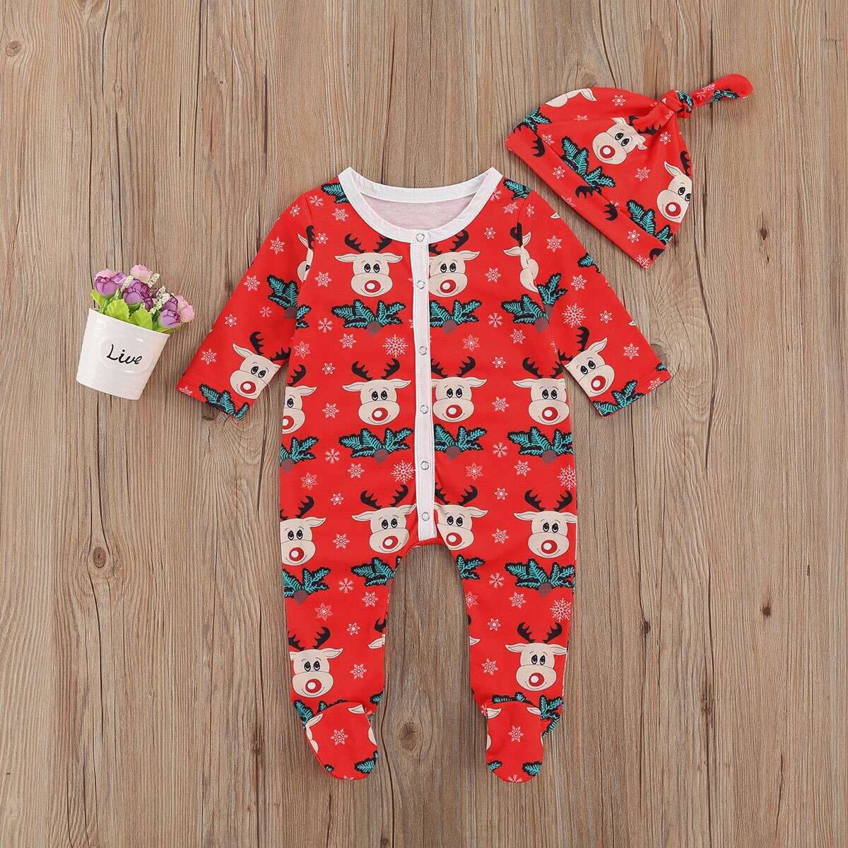 Neugeborene Baby Mädchen Jungen Infant Weihnachts Romper Hut Cartoon Deer Drucken Langarm Footies Overall Neue Jahr Festliche Kleidung