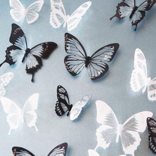 Pegatinas de pared 3D de mariposas coloridas, papel tapiz Multicolor, negro y blanco, calcomanías de animales para decoración del hogar, habitación y dormitorio, 18 Uds.: Black white