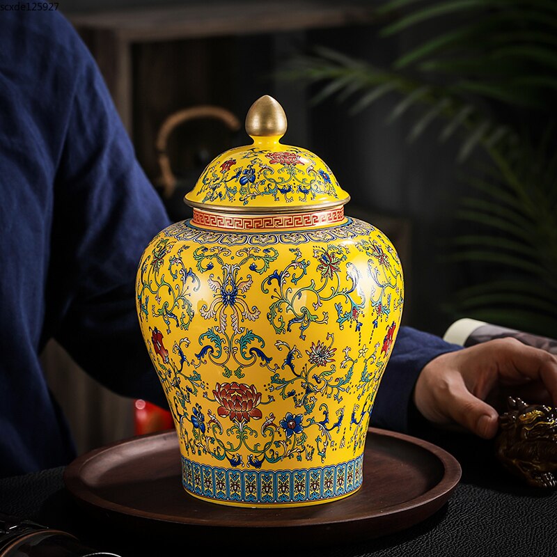 Caddie à fleurs peintes en céramique, Vase à fleurs de grande capacité, pot de rangement scellé avec couvercle, décoration de comptoir de porche
