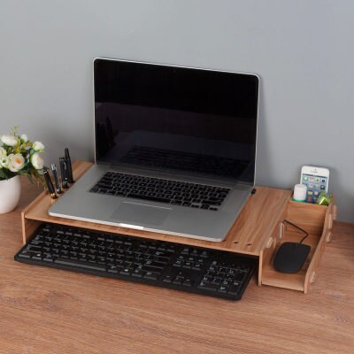 Soporte de madera para ordenador portátil, caja de almacenamiento de escritorio de oficina, Base de pantalla de Monitor, estante de almacenamiento: Marrón
