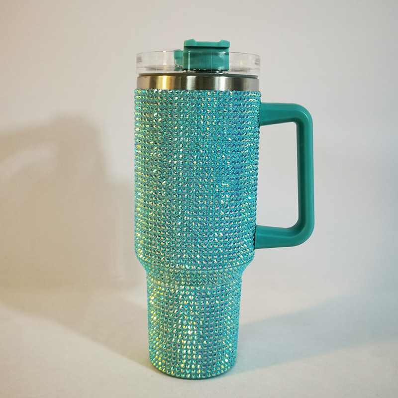 Taza Termo de diamante de 40oz con asa, botella aislada de café al vacío de acero inoxidable 304, frascos portátiles para coche: Azul