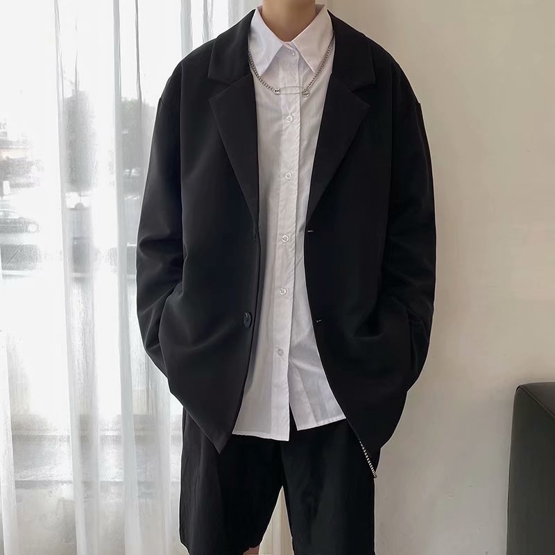 Chaquetas de los hombres primavera negro solo Breasted Oversize flojo Retro de de estilo coreano Ins estudiante Ulzzang-Encuentro de trajes de hombre Chic