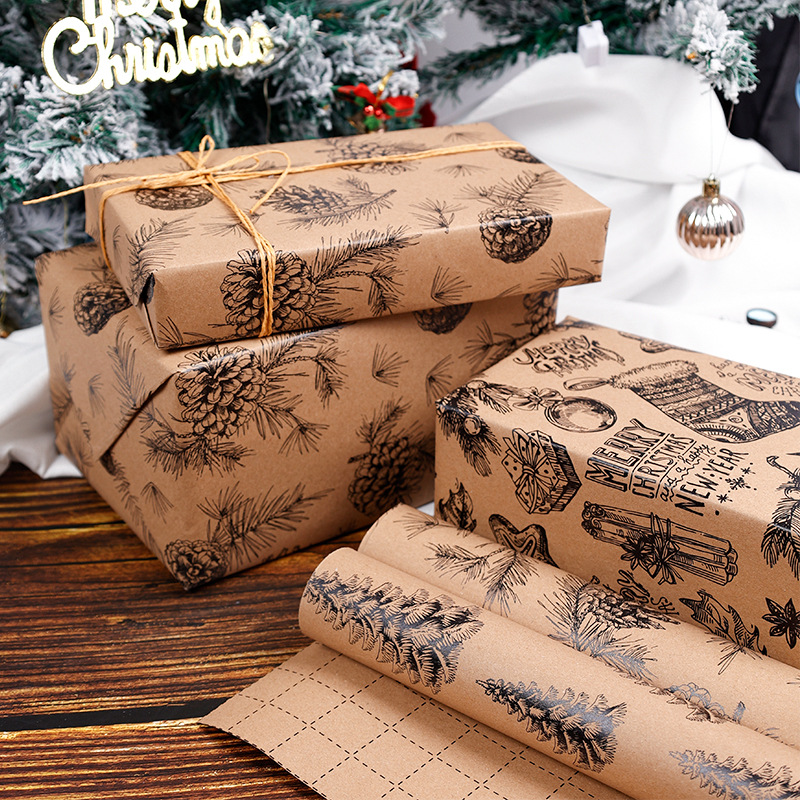 1 Roll Wrapping paper 17inch x 118inch wrap, Christmas Wrapping Paper, Kraft Paper - Black Pinecone Xmas kraft paper ﻿