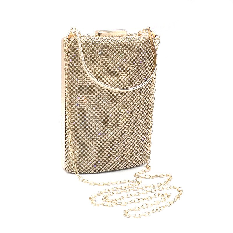 Bling hard box women shining bridal wedding women evening party bag women crystal cell phone box bag cross body shoulder bag: Gold clutch