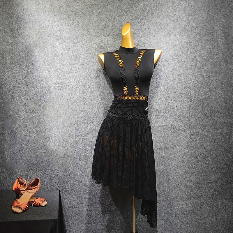 Latin Dans Jurk Sexy Zwarte Mouwloze Backless Holle Stiksels Mesh Elegante Rumba Chacha Samba Concurrentie Praktijk Jurk: Xl