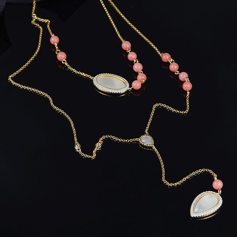 SLJELY Frauen Multi Schicht verrotten Korallen Halskette 100% 925 Sterling Silber AAA Zirkonia Gold Farbe Rosa Süssigkeit Halskette Feine