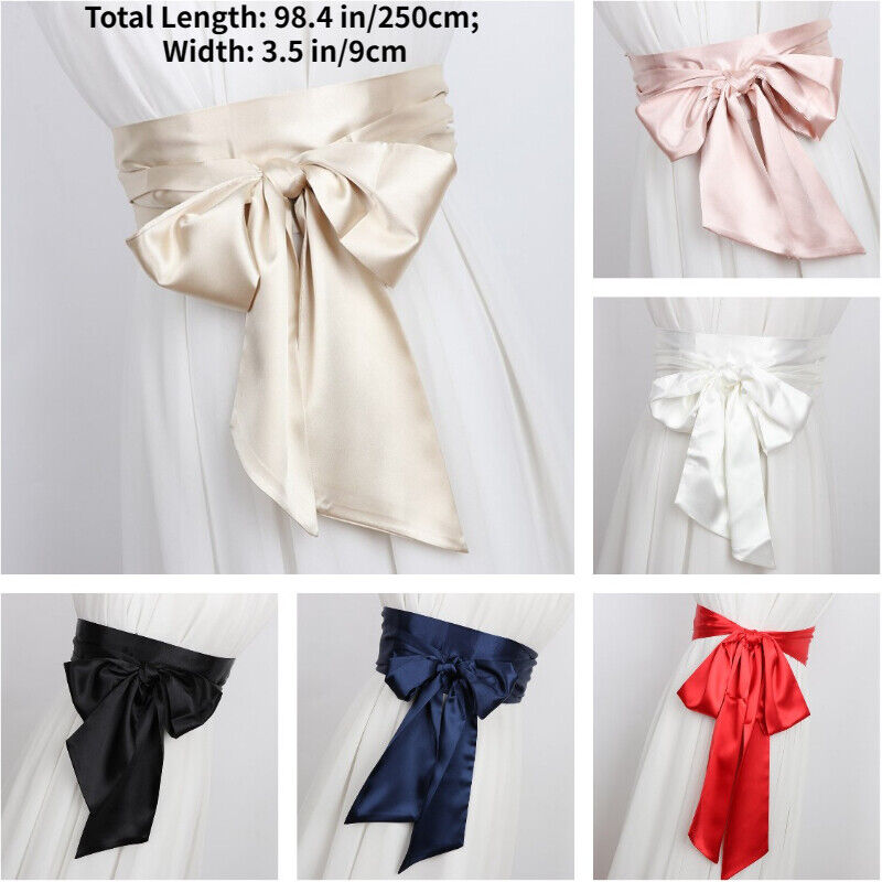 cinturón ancho de seda satinada rojo/blanco/azul para mujer, cinturones largos japoneses Obi con cordones, cinturón de corsé, cinta de tela, faja de 250cm