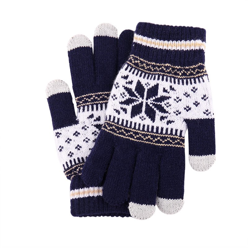 Julekashmir uldstrikkede handsker vinterhandsker til mand og kvinder plus tykke strikkede håndled med fem fingre: Marine blå