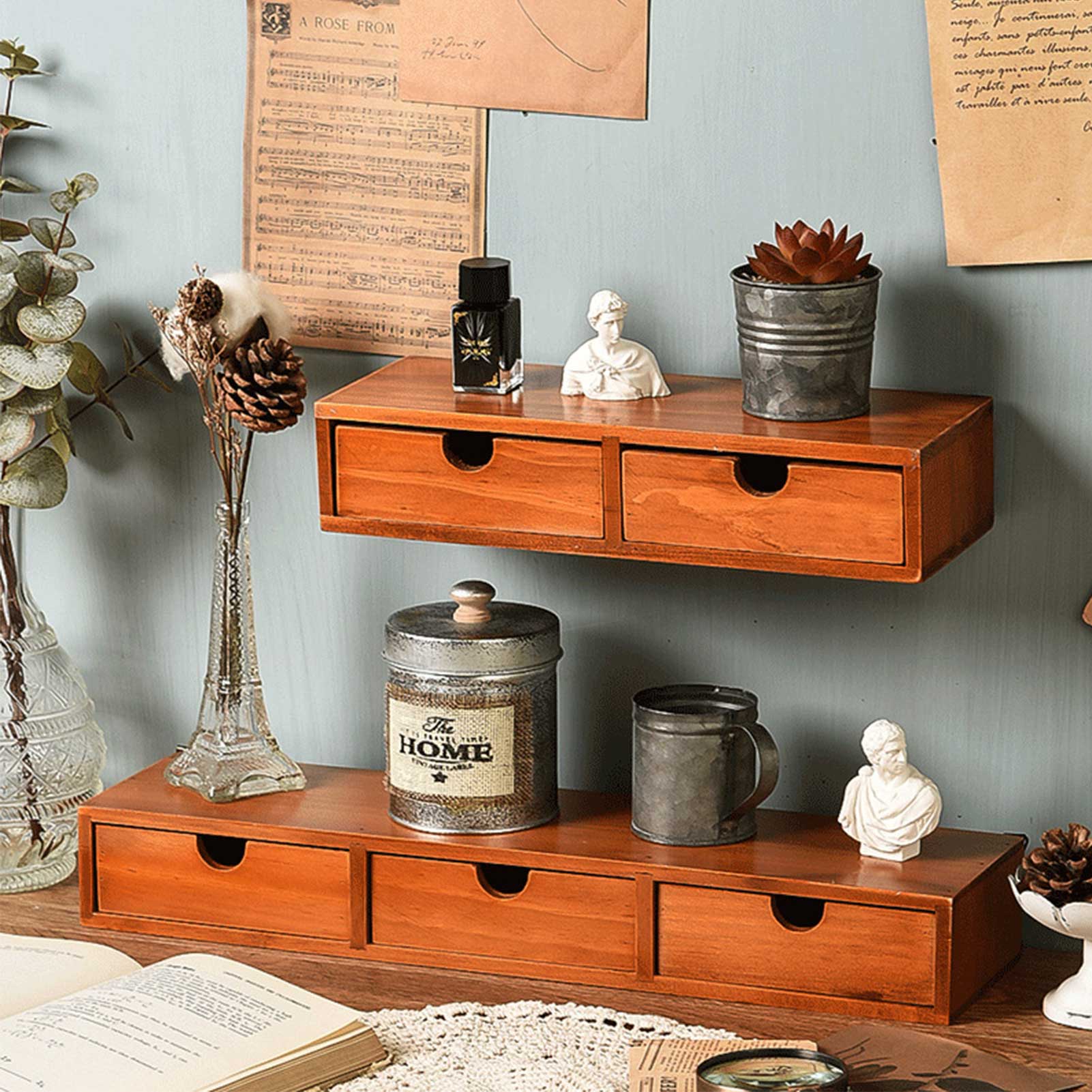 Retro Desktop Wall Storage Office Debris Multi-layer Finishing Wooden Jewelry Storage Cabinet Storage Boxes