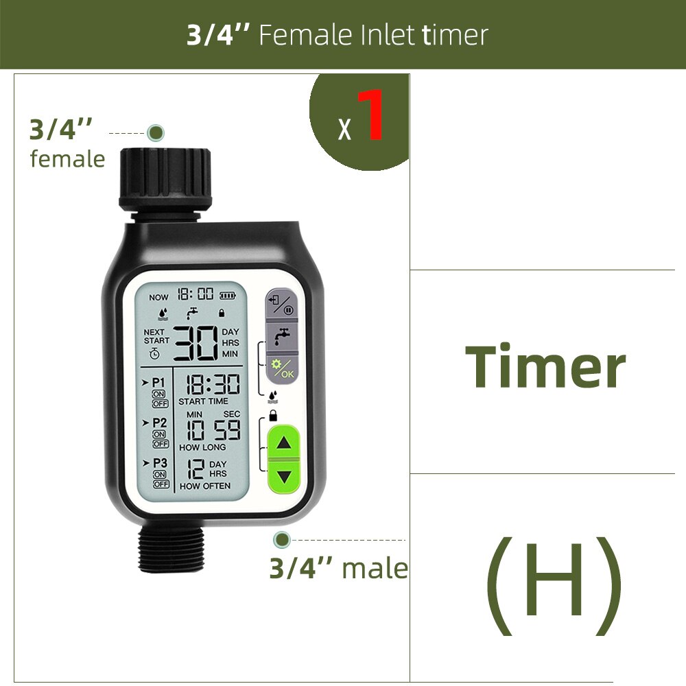 Garden Watering Timer Rain Sensor Solar LCD Double Dial Controller Watering Irrigation 1/2'' 3/4'' Tap Joint Solenoid Ball Valve: H-1PC