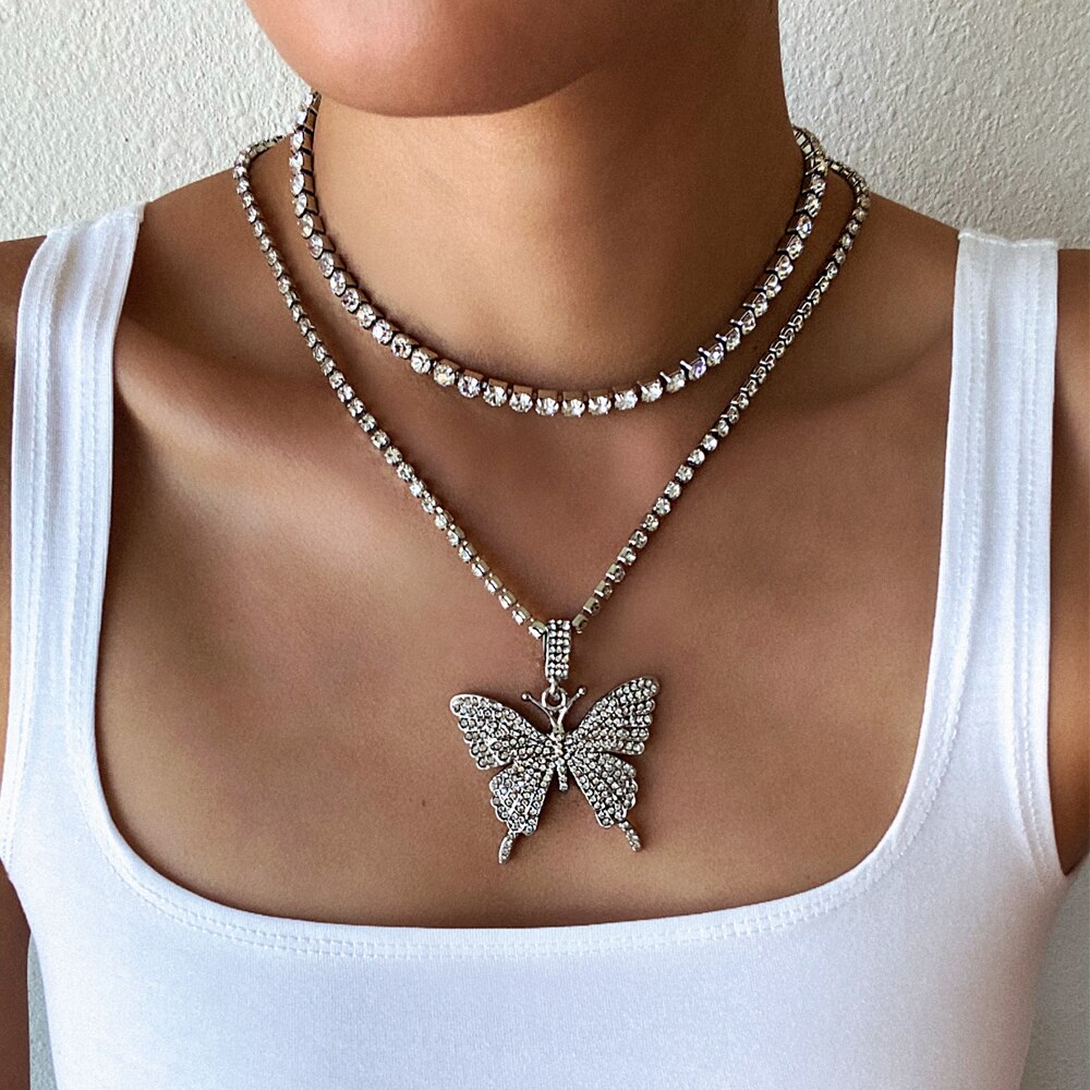 Iced para fora colar de borboleta feminino strass corrente gargantilha na moda bling chocker colares 2020 moda luxo jóias presente