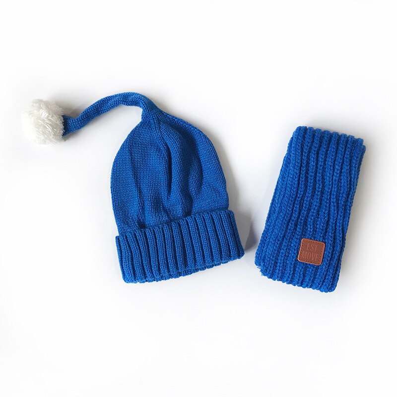 2 stk babyhatter skjerf sett strikket vinterstjerne beanie bomull varm pompon caps barn myke hatter barn jenter gutter: Blå