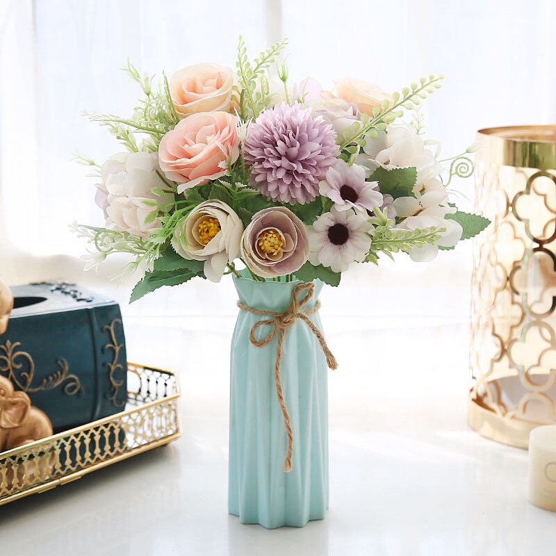 Plastic Vase Home Decoration Accessories Flower Pot Ornaments Simulation Flower Insert Anti-fall European Dry Vase: A-blue