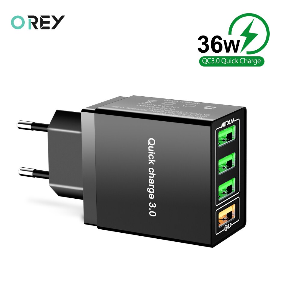 OREY 36W QC 3.0 Fast Charger, 4 Port USB Charger For Samsung S10 Plus Quick Charge 3.0 Charger For Xiaomi Phone Charger