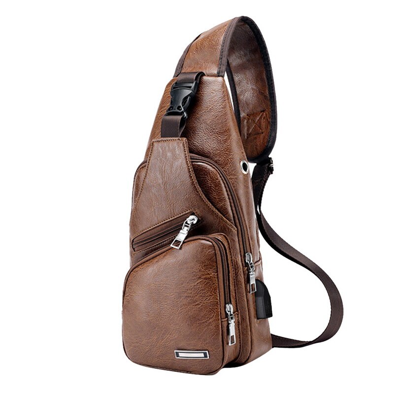 Men's Chest Bag Men Leather Chest USB Backbag With Headphone Hole Travel Organizer Male Bag: light brown 16x10x34