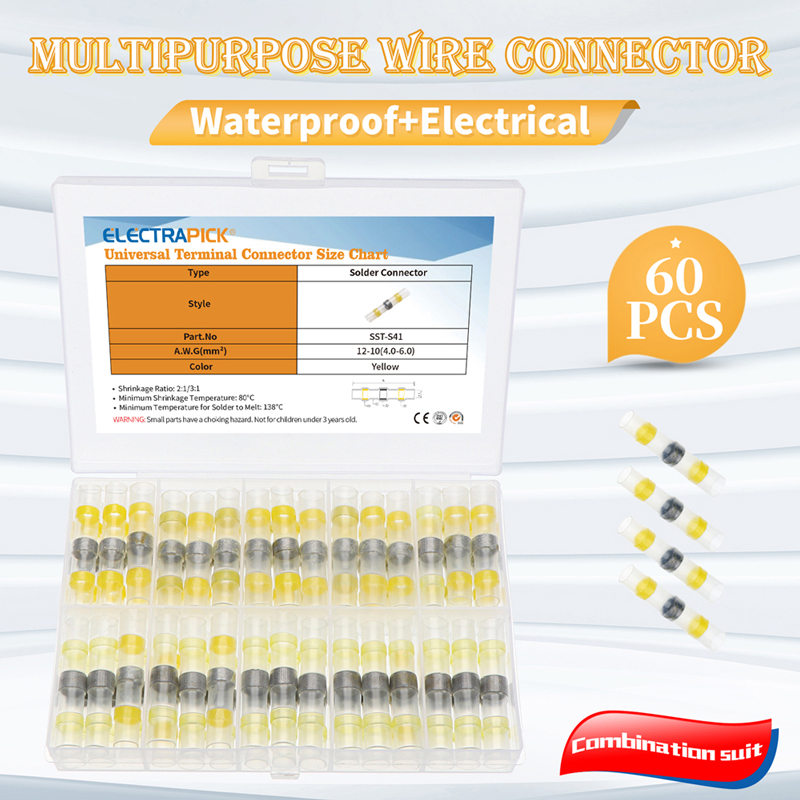 60pcs Solder Seal Wire Connectors Kit AWG12-10 Heat Shrink Butt Connectors Waterproof and Insulated Electrical Wire Terminals