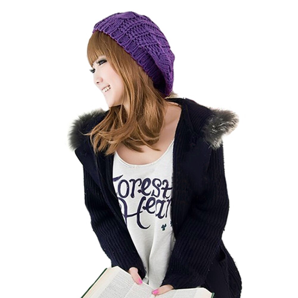 Kvinders dame beret flettet baggy beanie hæklet hat ski strikket hue
