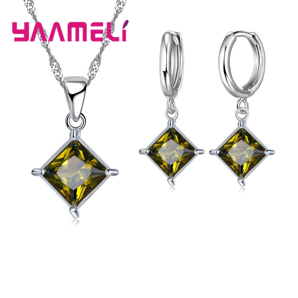 Authentieke 925 Sterling Zilveren Glanzende Cz Geometrische Klassieke Vierkante Huggie Oorbellen Ketting Sets Voor Vrouwen Fijne Sieraden: Green