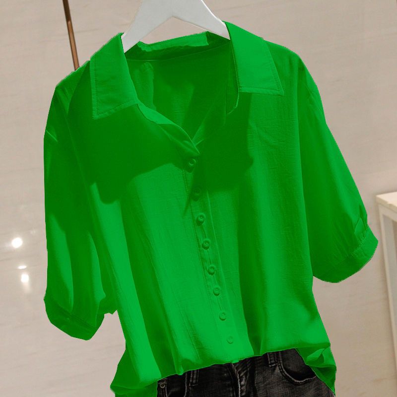 Summer Korean Solid Lapel Buttons Simple Oversized Short Sleeve Shirt Female Loose Casual Fruit Green Blouse Blusas