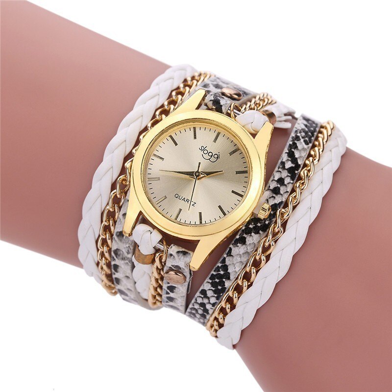 de luxe en cuir montre à Quartz femmes dames décontracté Bracelet montre-Bracelet horloge relogio feminino léopard tressé femme: WHITE