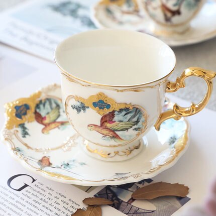 Tazas y platillos de café de cerámica de la selva británica, juego de tazas de leche doradas hechas a mano, tazas de té de la tarde para el hogar, de navidad: 02