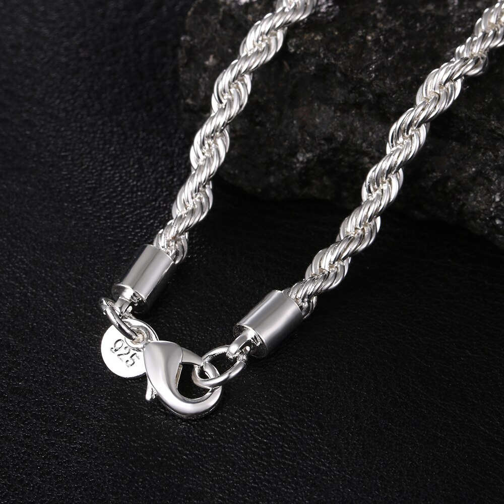 925 Sterling Zilver 4Mm Vrouwen Mannen Ketting Mannelijke Twisted Touw Ketting Armbanden Mode Zilveren Sieraden Set