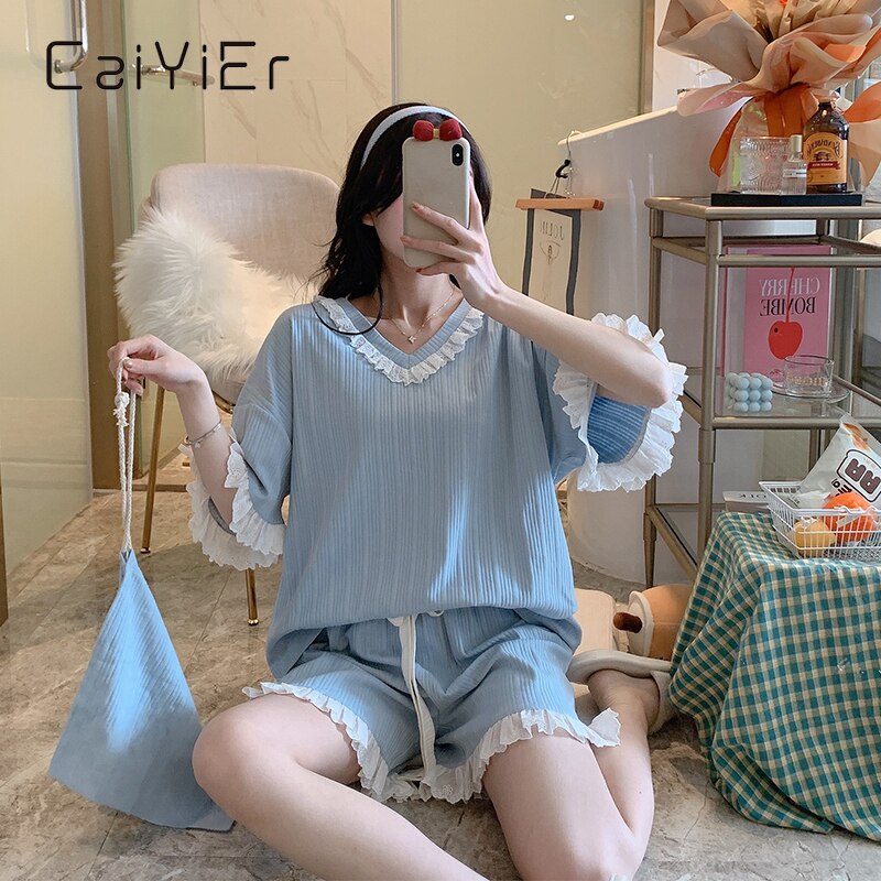 CAIYIER Summer Sweet Girl Lace Pajamas Set Cotton Pink Blue Short Sleeve Sleepwear Princess Style Ladies 3 Piece Nightwear