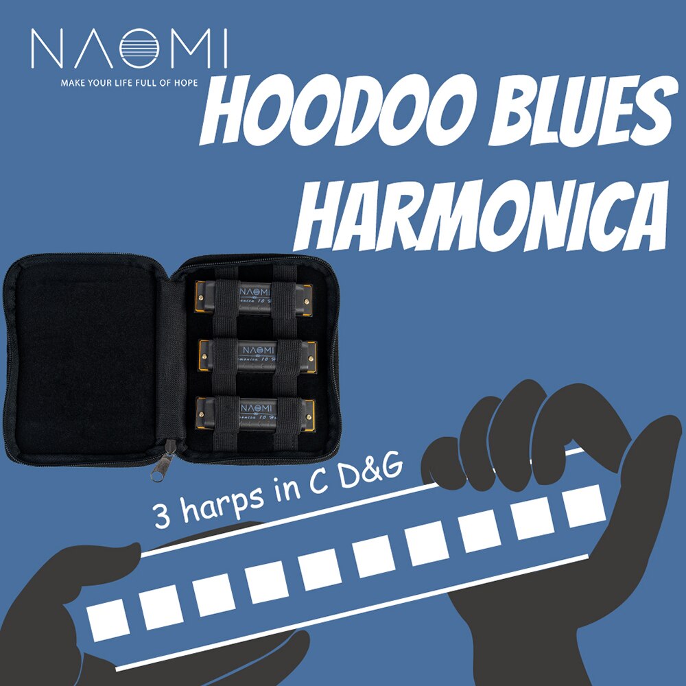 Naomi 3 stk hoodoo blues harmonikaer c, d, g nøgle mundharmonika sæt 10 huller instrument