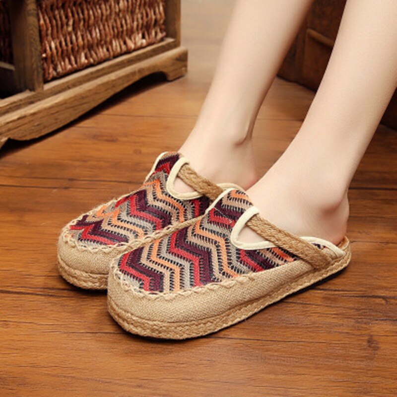 Kvinnor skor tofflor färgglad nationell stil hampa väv vår sommar rund tå flip flop platt plattform loafer
