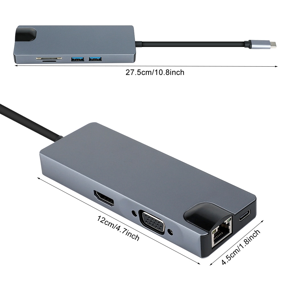 Hub tipo C con adaptador USB tipo C a HDMI VGA RJ45 Lan Ethernet SD TF USB-C 3,0 tipo c PD cargador para MacBook Pro OTG
