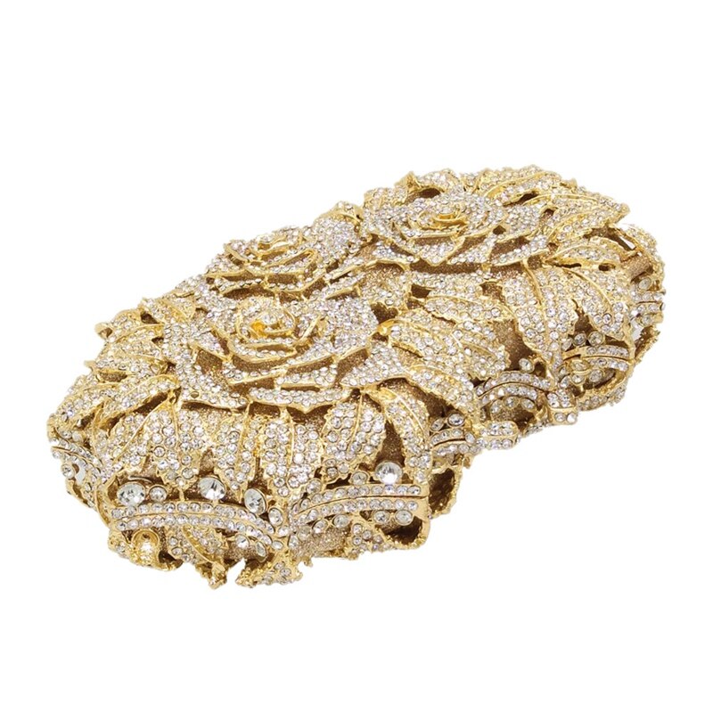 Dazzling Vrouwen Goud Rose Bloem Hollow Out Crystal Avond Metal Koppelingen Kleine Minaudiere Handtas Purse Wedding Doos Clutch Bag