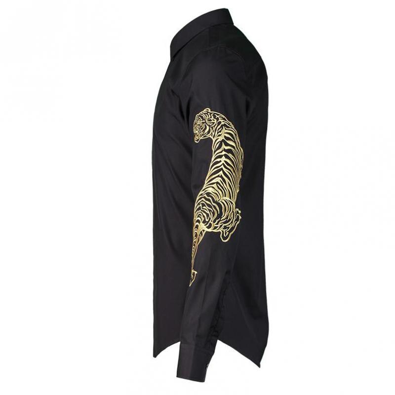 Tiger Luxury Embroidered Mens Dress Plus Size 4XL Hand-painted Long Sleeve 100% Cotton Shirts Man