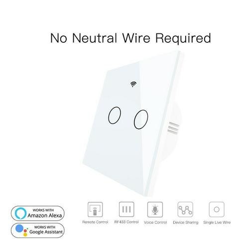 Single Fire Wall WiFi Switch AC170-240V No Neutral Wire Needed Smart Life/Tuya APP Smart Switch Work With Alexa Google Home: 2 gang