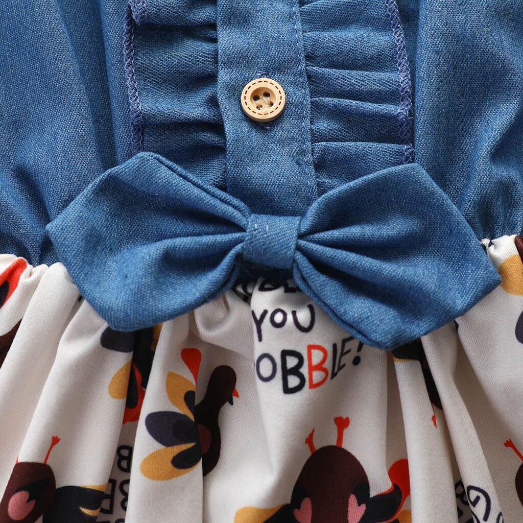 Peuter Kids Baby Meisje Kleding Thanksgiving Kalkoen Cartoon Print Jurk Winter O Hals Prinses Jurk Lange Mouwen Denim Jurk