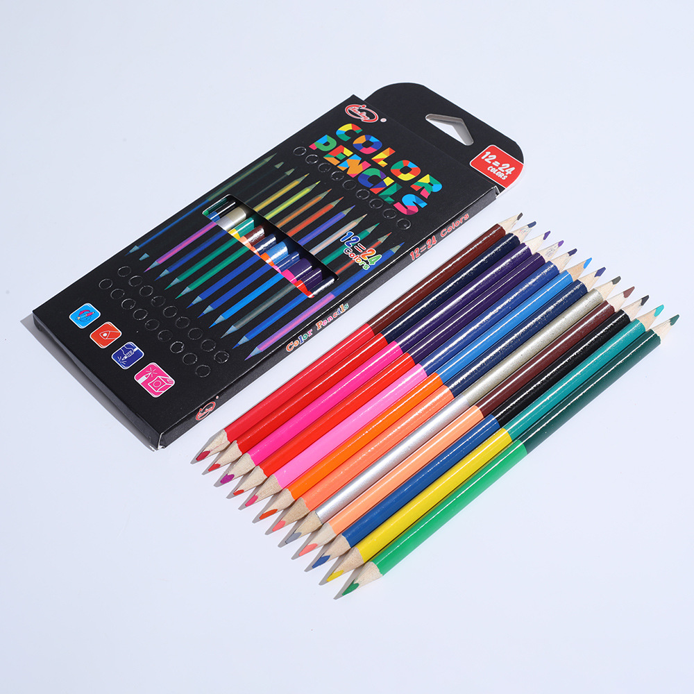 12 Uds. Lápices de colores de doble cabeza, lápiz de mina de 24 colores, lápices de colores de madera para dibujar, papelería, suministros escolares para estudiantes