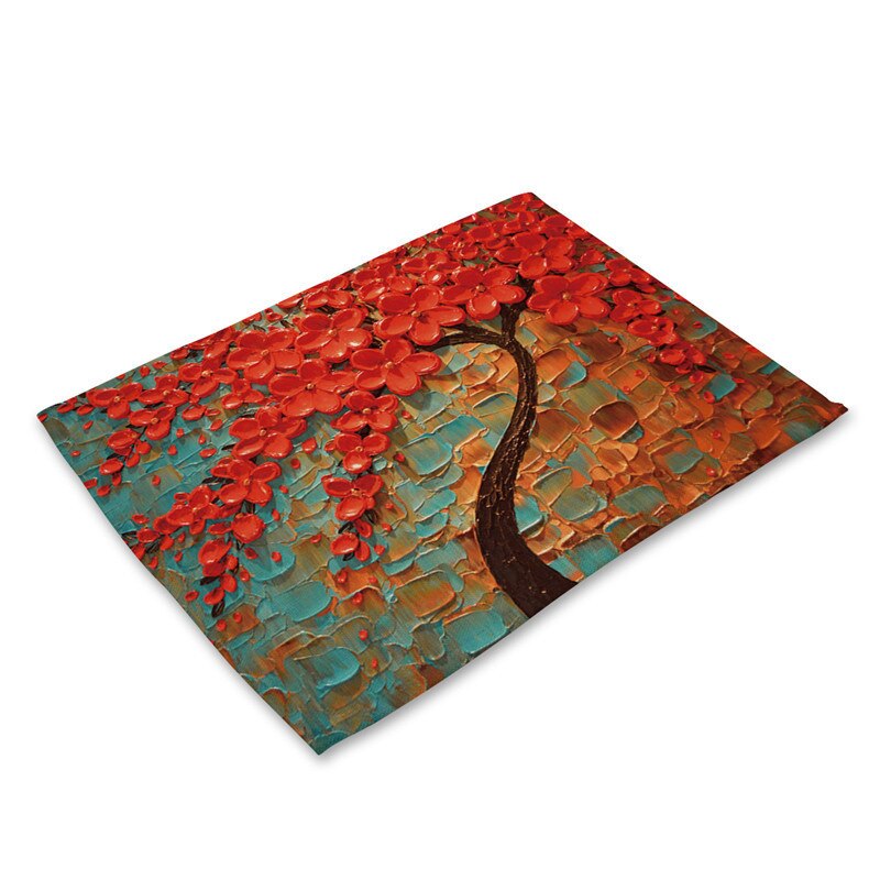 1Pcs Flower Tree Pattern Kitchen Placemat Dining Table Mat Drink Coaster Cotton Linen Pad Bowl Cup Mat 42*32cm Home Decor MP0016: J