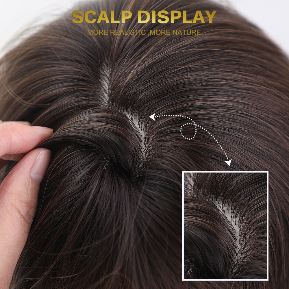 Pelucas largas de pelo sintético ondulado emmor, color castaño oscuro con reflejos rojizos y flequillo, con degradado de alta temperatura para uso diario.