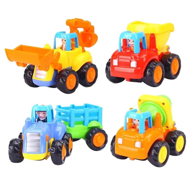 Tegneseriefrifriktionsdrevne legekøretøjer til småbørn 4 -pack, dumper, cementblander, bulldozer, traktor, legetøjsvogne, småbørnslegetøj