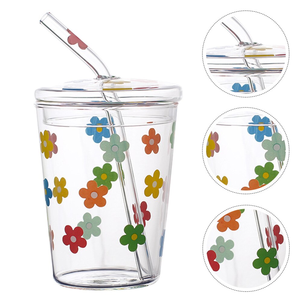 1pc Straw Cups Flower Patter Water Cup Glass Cups Beverage Cup Drinking Cup