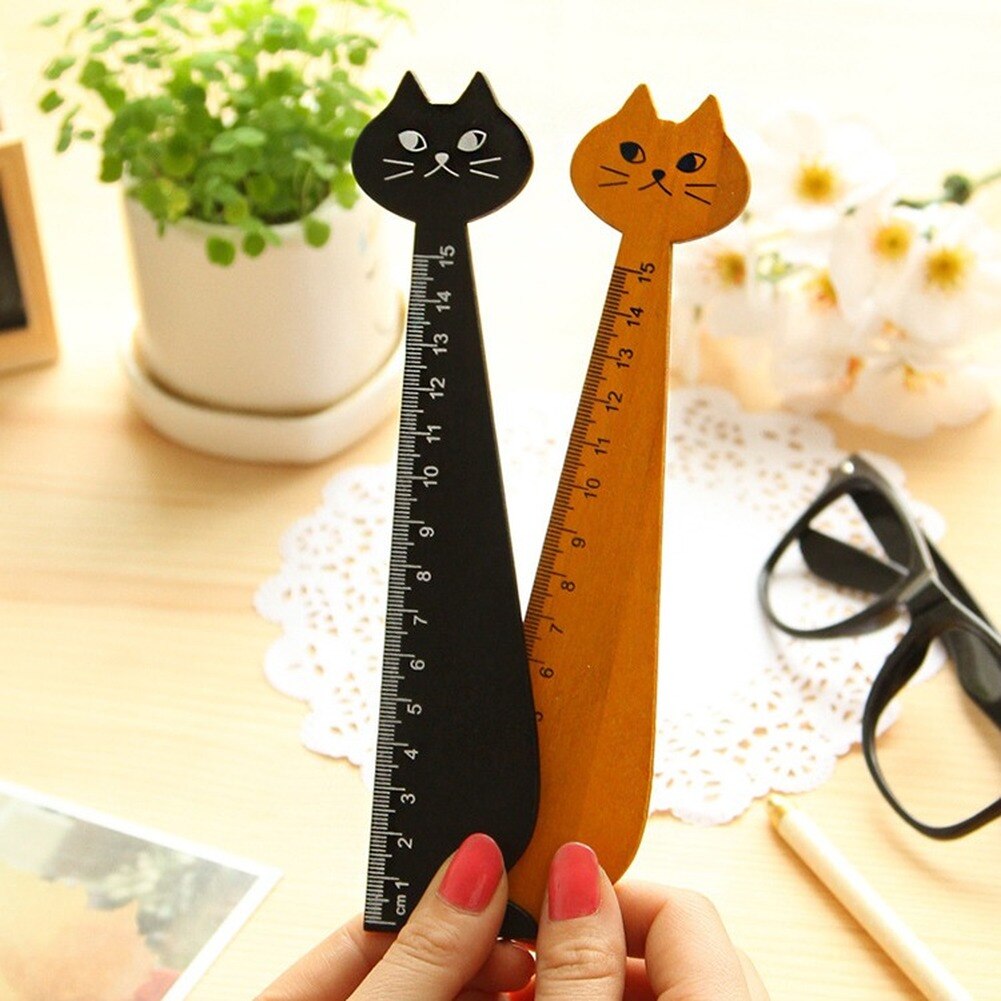 Cartoon Cat Drawing Wooden Ruler Student Stationery Cute Cat Kitty Face Stationery Wood Ruler Sewing Ruler