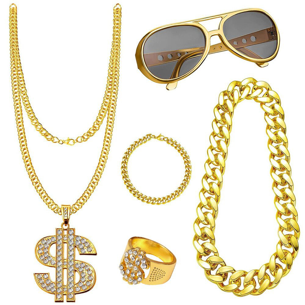 80s 90s Costume Outfit Set Hip-Hop Flamboyant Punk Dollar Sign Ring Hip Hop Star Glasses Bracelet Costume Kit for Boys Girls: WHITE