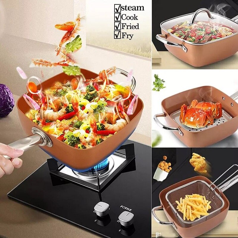 Max Star Sarten Antiadherente de Cobre Cuadrada con Tapa de Cristal y Accesorios Incluidos Cesta para Freír, Rejilla de Vapor Artículos de Cocina Cacerola Aptas para Induccion, Gas, Electrica, Vitroceramica y Horno