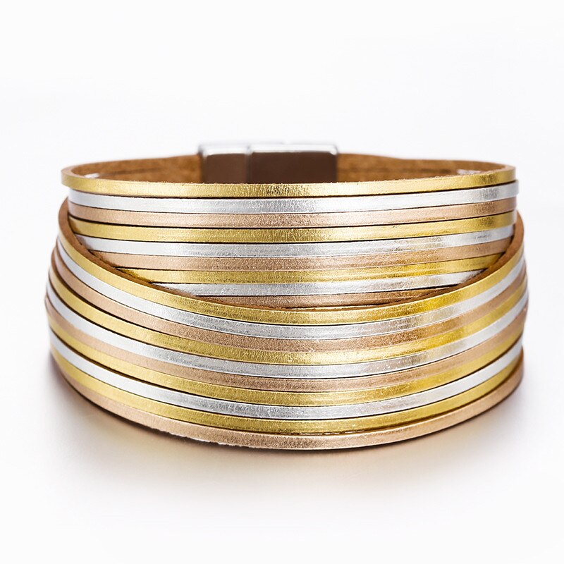 ALLYES Simple Leather Bracelets for Women Mulitlayer Mix Color Wide Wrap Bracelet Female Jewelry: Silver and Gold