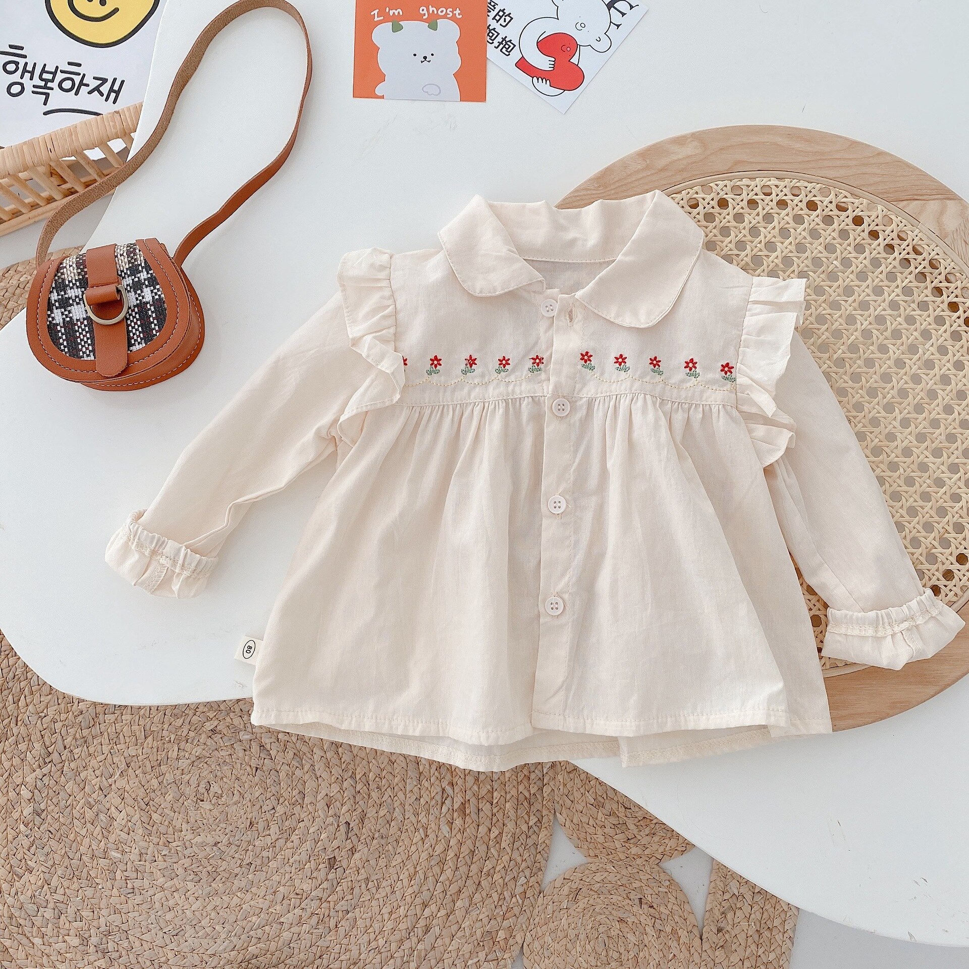 Herfst Kinderen Kids Lange Mouwen Revers Kraag Borduurwerk Bloemen Ruches Casual Prinses Party Shirts Meisjes Blouse Tops