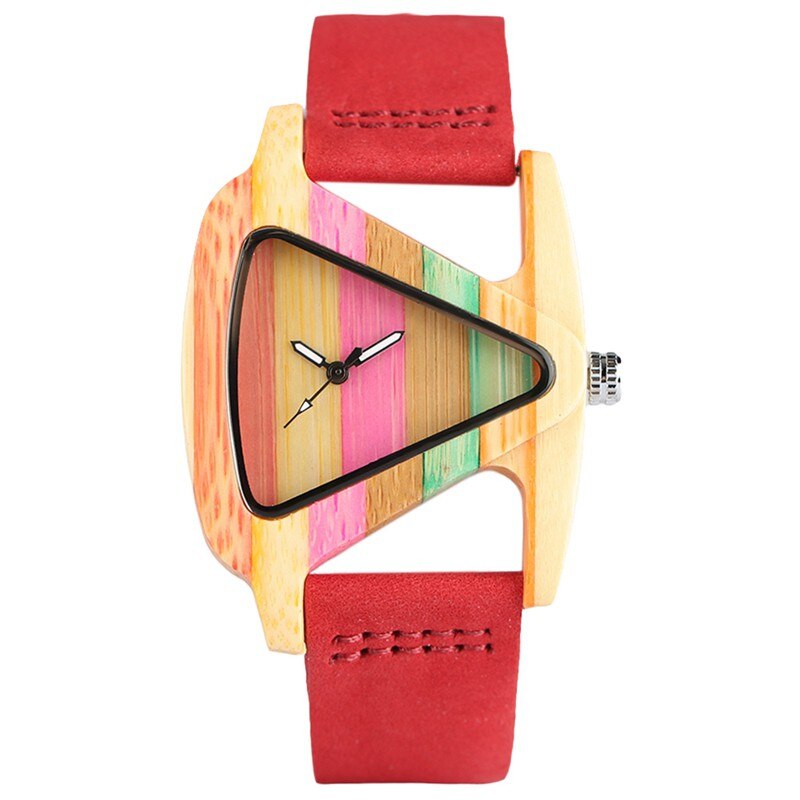 Unikt farverigt træur trekantet urskive ur ur kvinder kvarts læderarmbåndsur kvinders håndled reloj mujer: 2
