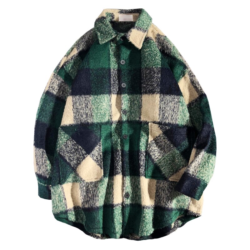 Rutig skjorta herr casual lös ulljacka karl man höst streetwear manliga kläder långärmad skjorta