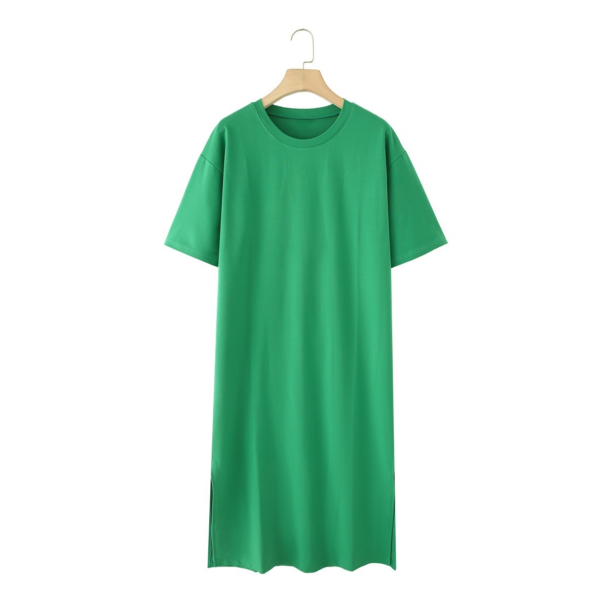 UNIZERA Summer Women's Lazy Simple Short-sleeved Round Neck T-shirt Dress Versatile Loose Slit Long Skirt: S / green