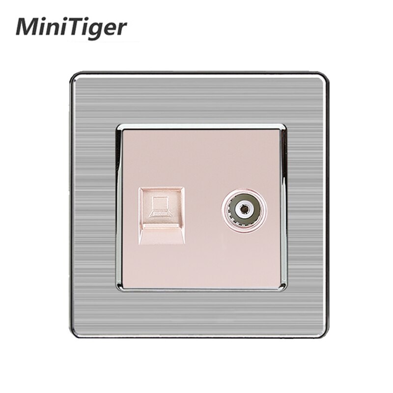 Minitiger 2Gang RJ45 Internet Data Computer Jack CAT5E Connector With Female TV Outlet Stainless Steel Brushed Panel Wall Socket: Gold