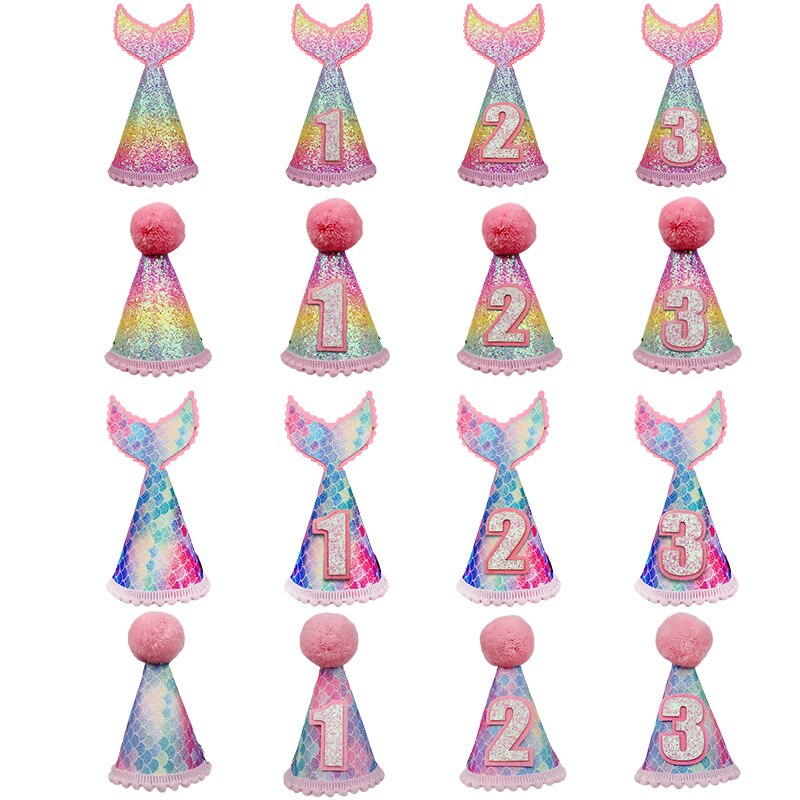 Happy Birthday Hat 1st 2nd 3rd Year Old Kids Girl Birthday Baby Shower Mermaid Tail Headband Hat Decoration Party Supplies